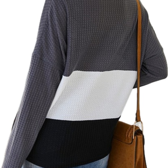 Charcoal Color Block Waffle Knit Top | Long Sleeve V-Neck | NWT - Picture 4 of 7